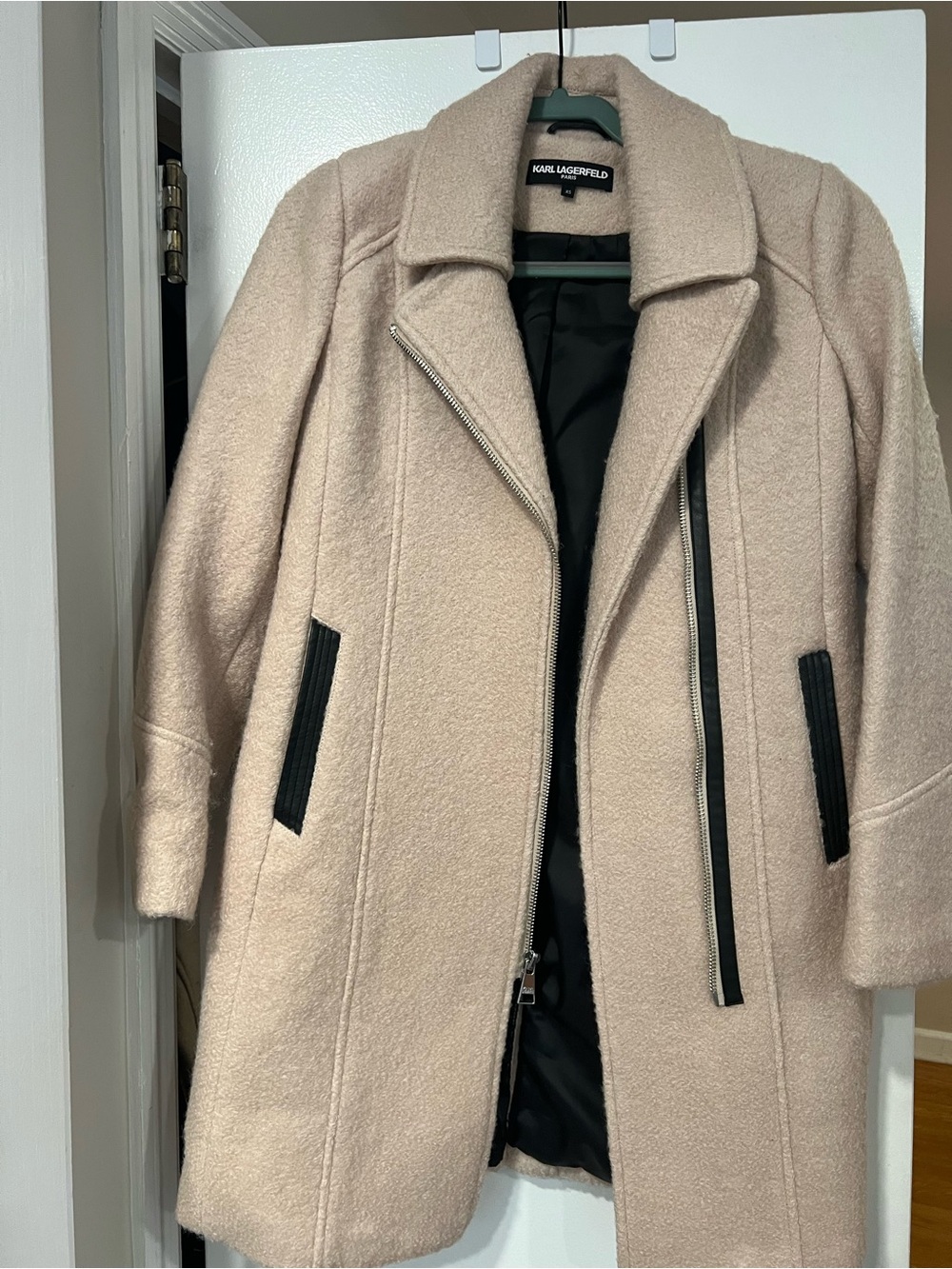 Karl Lagerfeld Beige Wool-Blend Zip Coat with Black Trim